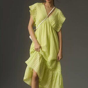 By Anthropologie Flutter-Sleeve V-Neck Midi Dress  CHARTREUSE (M/L)